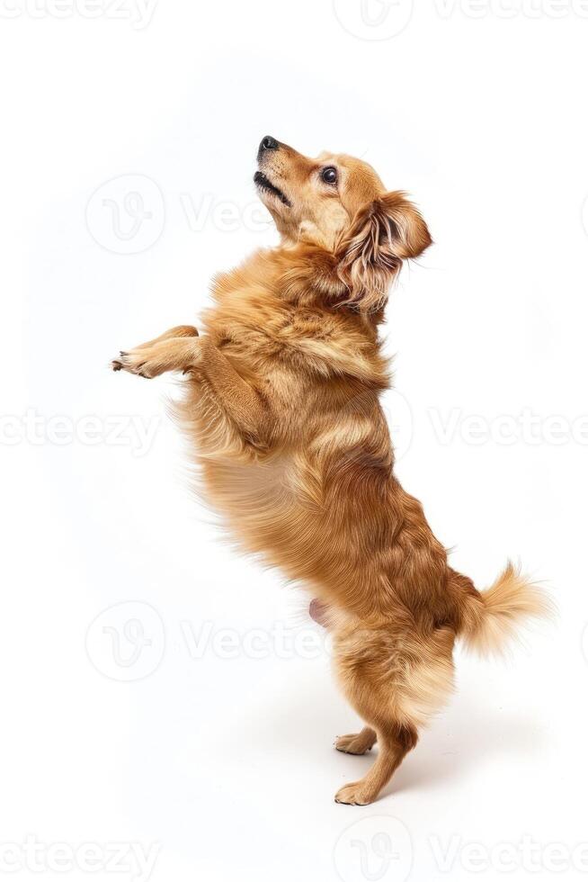 ai gerado uma brincalhão cachorro em pé em Está traseiro pernas em branco fundo foto