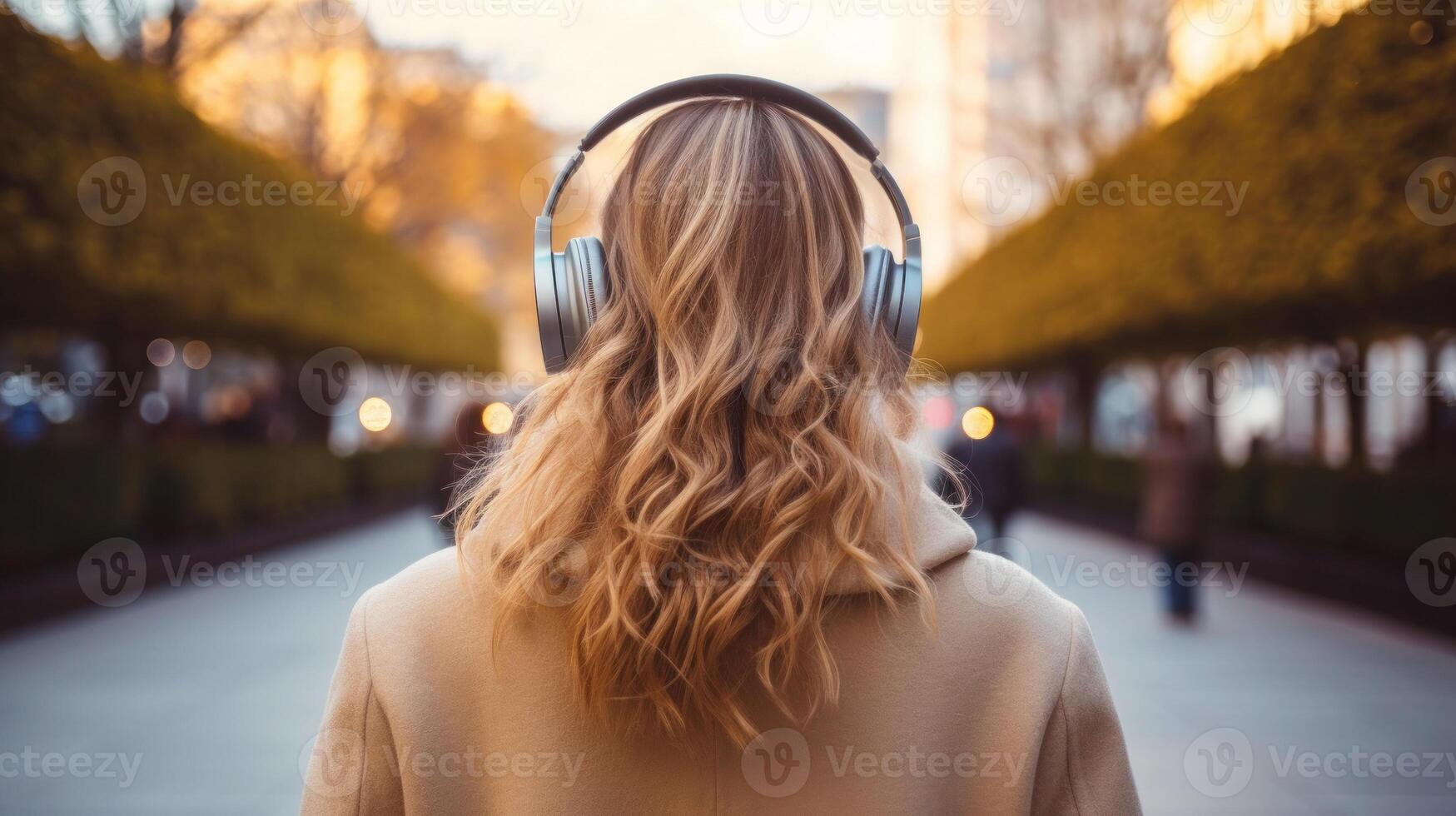 ai gerado música terapia, harmonia, mental saúde conceito. bonita jovem mulher desfrutando música com fones de ouvido ao ar livre. mulher vestindo fones de ouvido desfrutando música e Boa vibrações foto