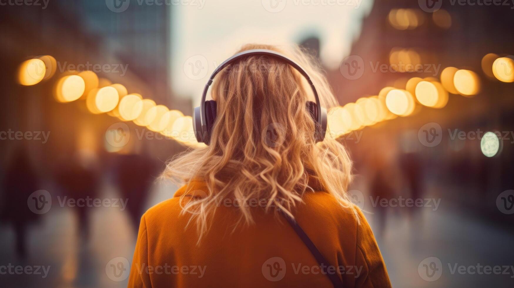 ai gerado música terapia, harmonia, mental saúde conceito. bonita jovem mulher desfrutando música com fones de ouvido ao ar livre. mulher vestindo fones de ouvido desfrutando música e Boa vibrações foto