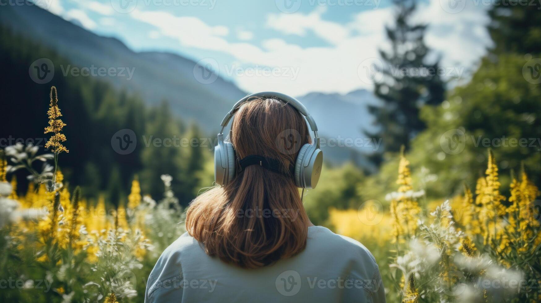 ai gerado música terapia, harmonia, mental saúde conceito. bonita jovem mulher desfrutando música com fones de ouvido ao ar livre. mulher vestindo fones de ouvido desfrutando música e Boa vibrações foto