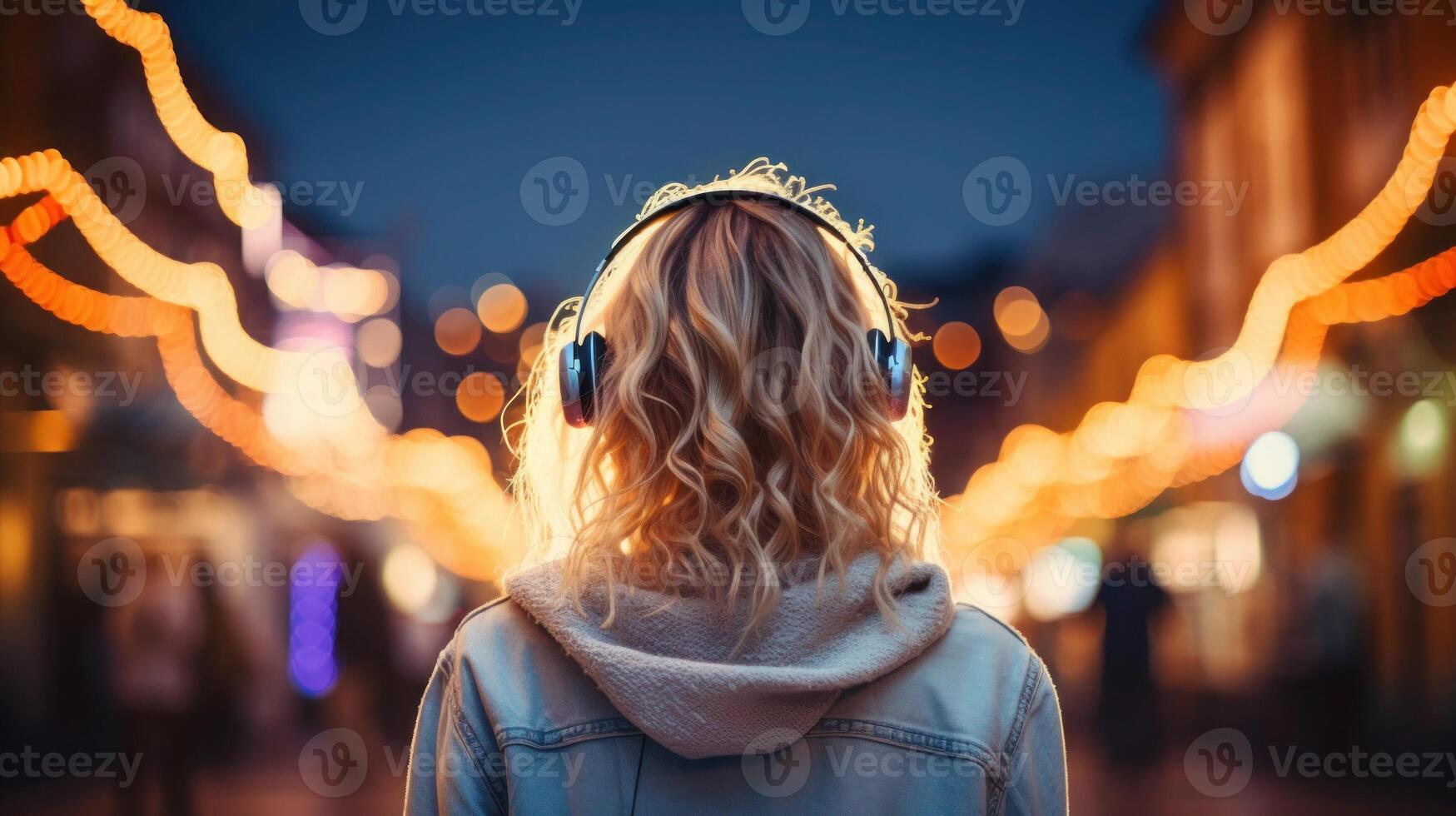 ai gerado música terapia, harmonia, mental saúde conceito. bonita jovem mulher desfrutando música com fones de ouvido ao ar livre. mulher vestindo fones de ouvido desfrutando música e Boa vibrações foto