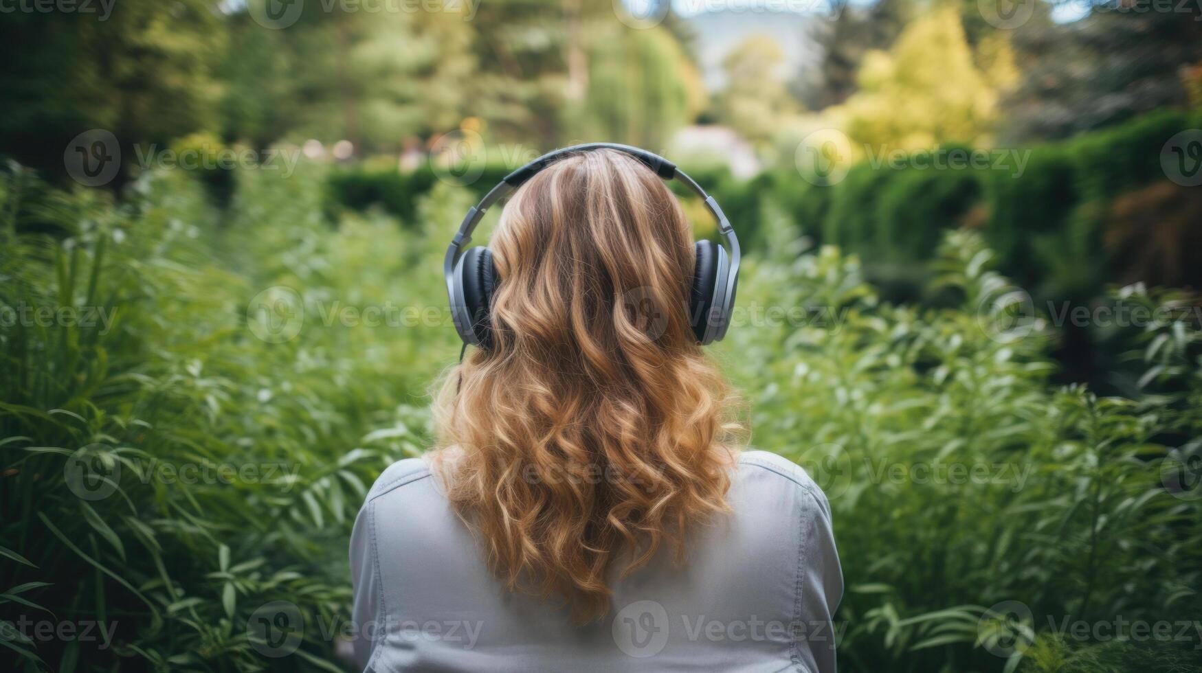 ai gerado música terapia, harmonia, mental saúde conceito. bonita jovem mulher desfrutando música com fones de ouvido ao ar livre. mulher vestindo fones de ouvido desfrutando música e Boa vibrações foto