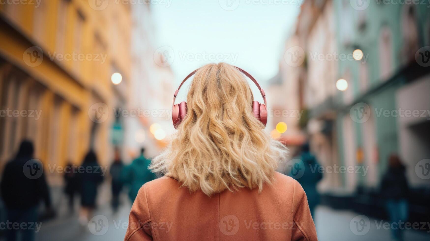 ai gerado música terapia, harmonia, mental saúde conceito. bonita jovem mulher desfrutando música com fones de ouvido ao ar livre. mulher vestindo fones de ouvido desfrutando música e Boa vibrações foto