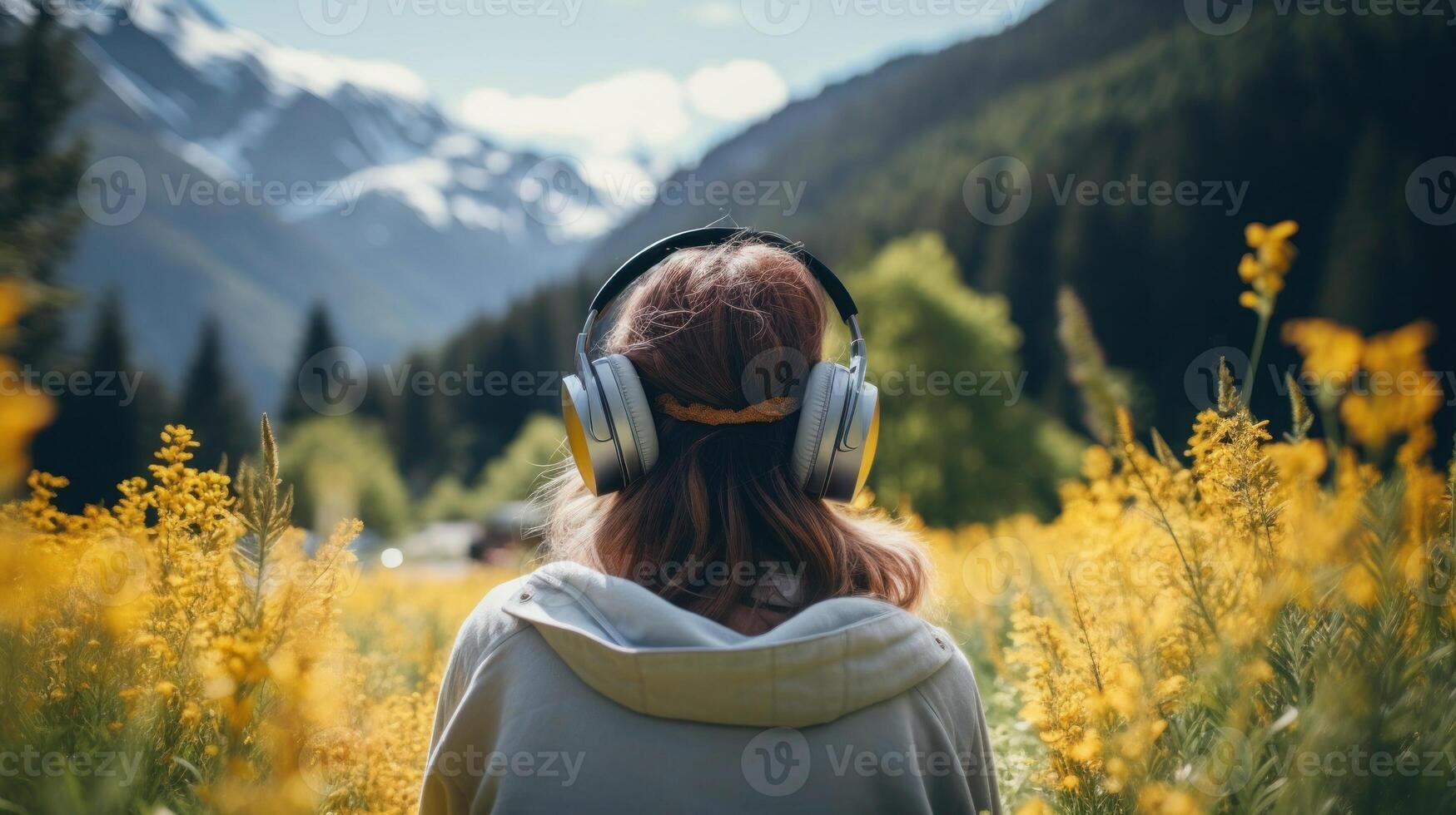 ai gerado música terapia, harmonia, mental saúde conceito. bonita jovem mulher desfrutando música com fones de ouvido ao ar livre. mulher vestindo fones de ouvido desfrutando música e Boa vibrações foto