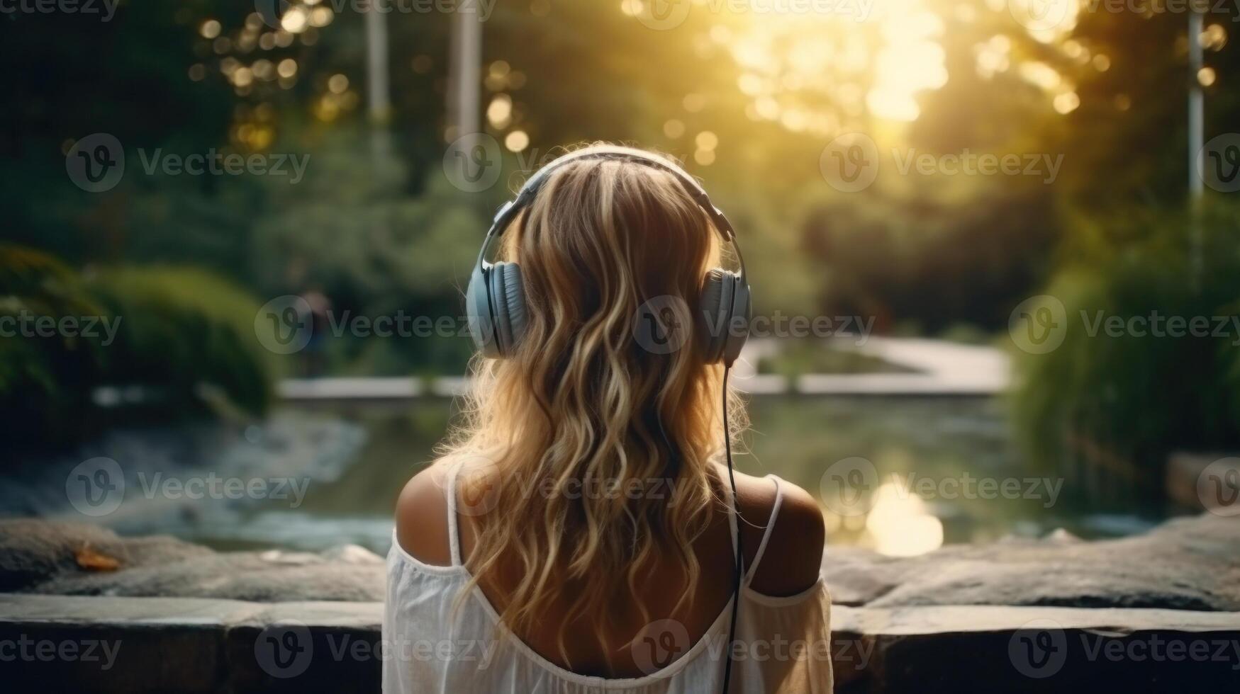 ai gerado música terapia, harmonia, mental saúde conceito. bonita jovem mulher desfrutando música com fones de ouvido ao ar livre. mulher vestindo fones de ouvido desfrutando música e Boa vibrações foto