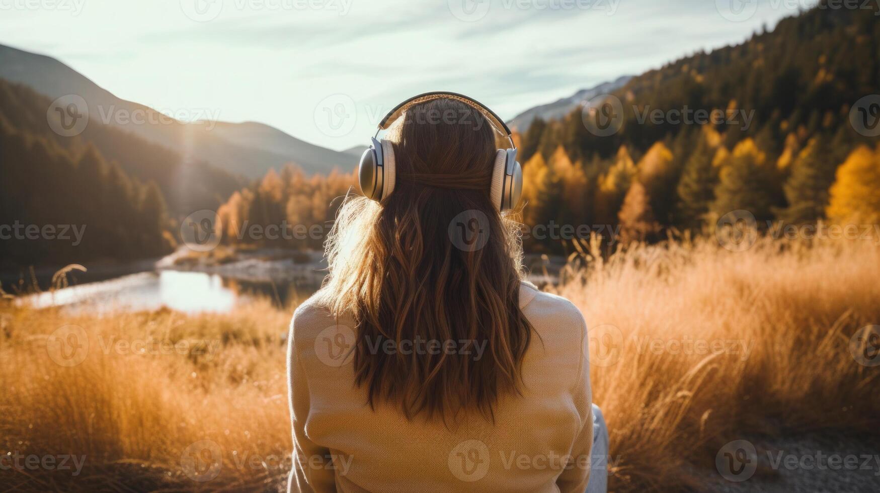 ai gerado música terapia, harmonia, mental saúde conceito. bonita jovem mulher desfrutando música com fones de ouvido ao ar livre. mulher vestindo fones de ouvido desfrutando música e Boa vibrações foto