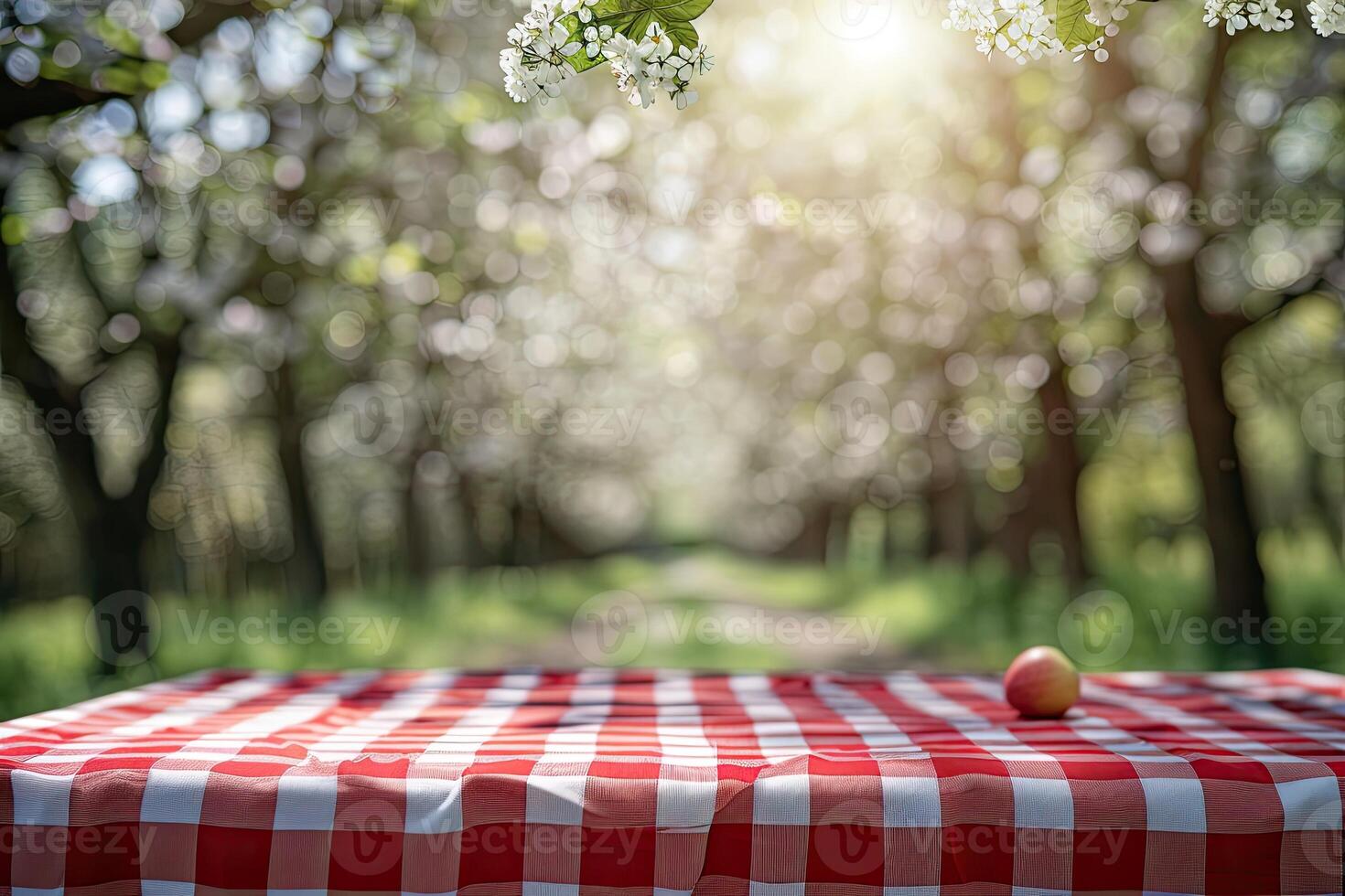 ai gerado Primavera mesa com árvores dentro flor e desfocado ensolarado jardim dentro fundo foto