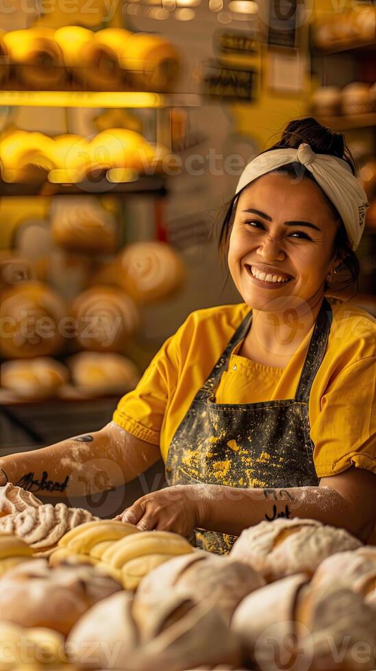 ai gerado uma padeiro dentro uma padaria, ela é cozimento pão com uma sorrir foto