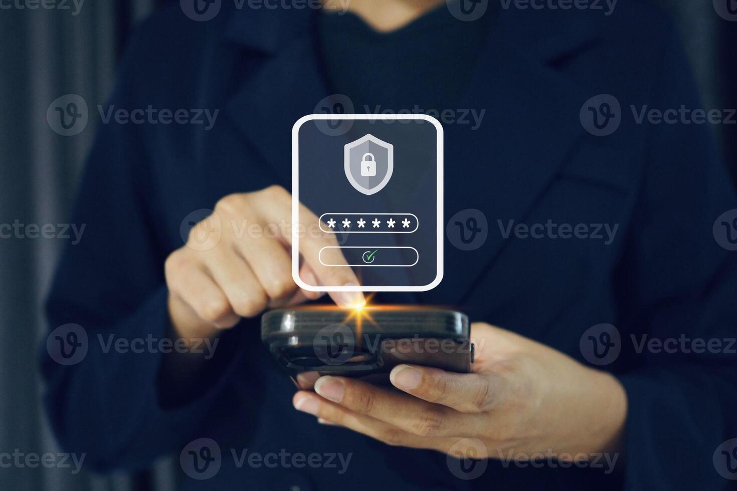 empresária digitando em Móvel com Conecte-se e senha em tela, cyber segurança conceito. foto
