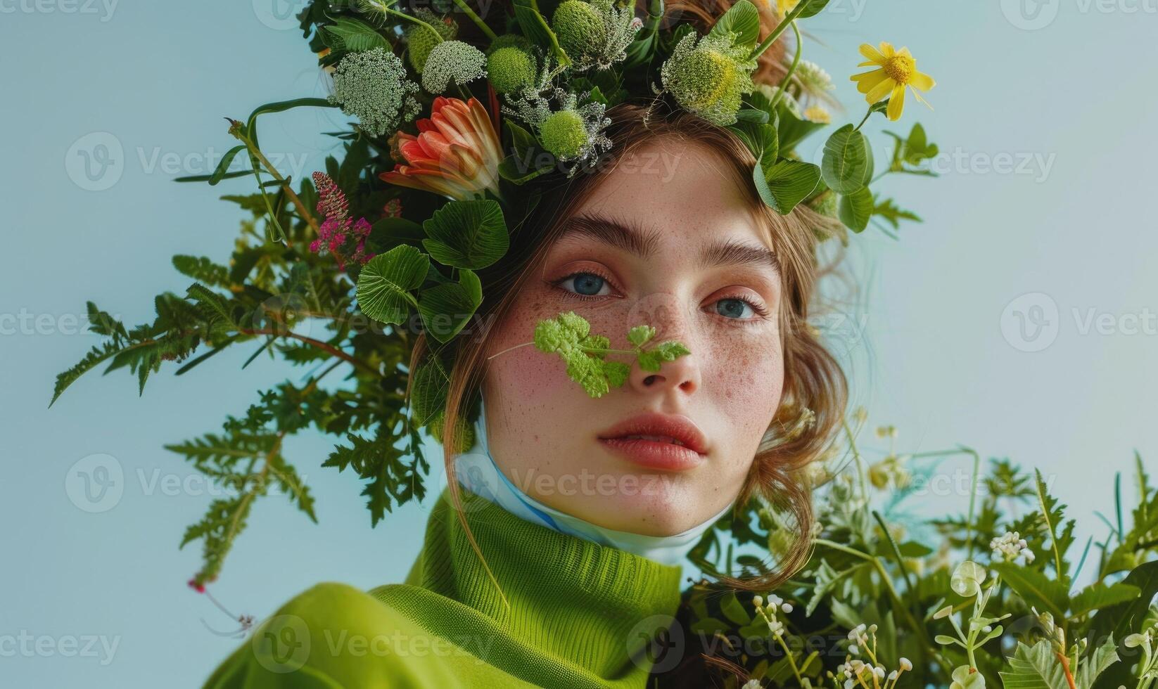 ai gerado retrato do uma menina com uma guirlanda do flores em dela cabeça foto