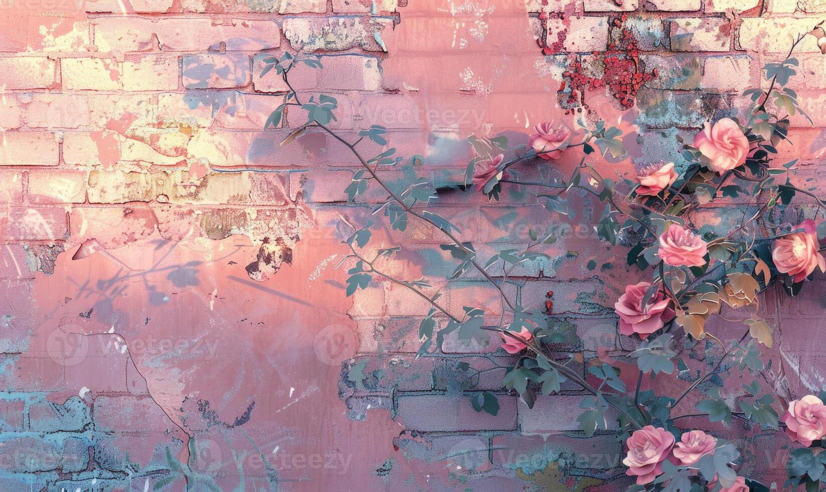 ai gerado Rosa rosas em velho branco tijolo parede fundo com grunge textura. cópia de espaço para texto. foto