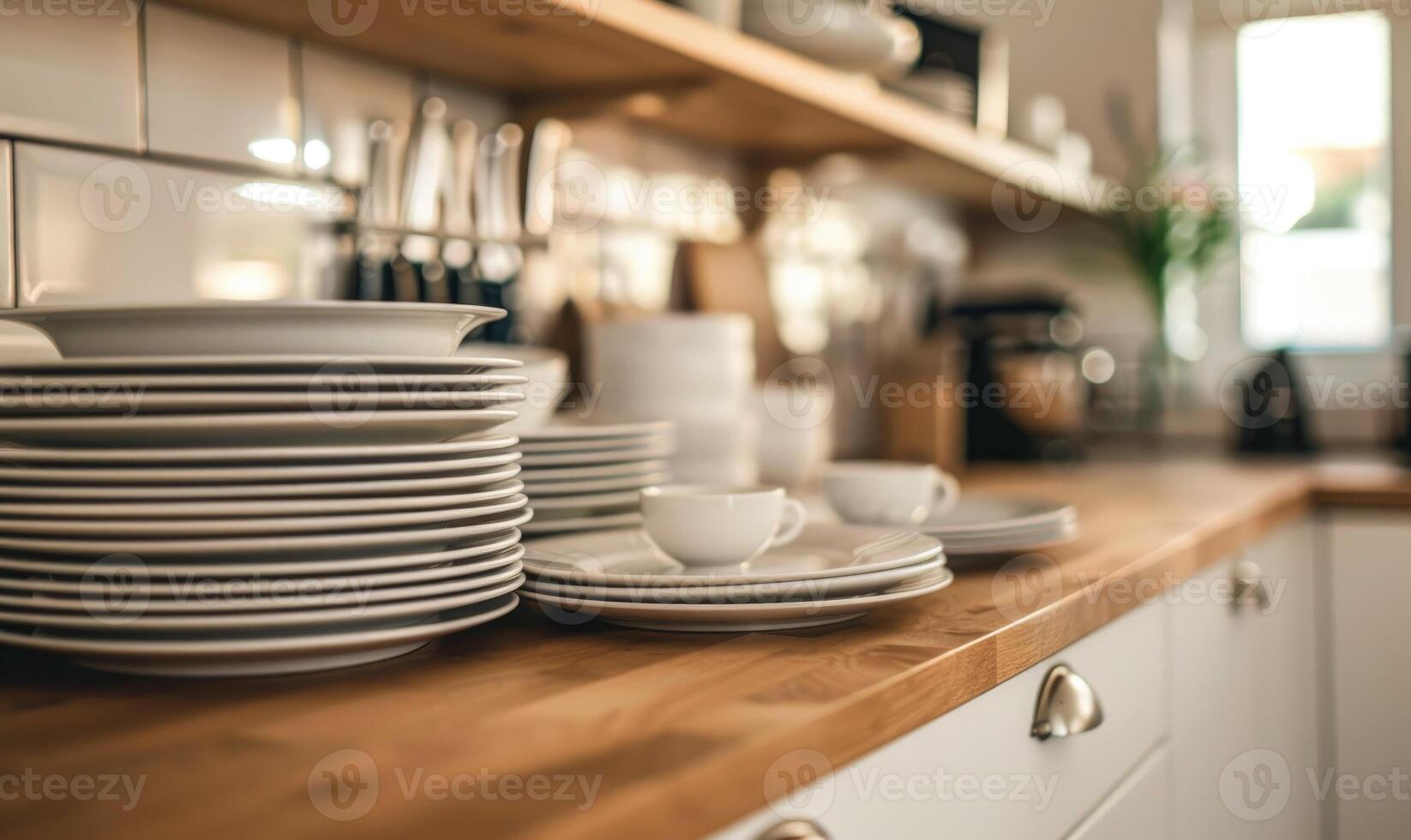 ai gerado fechar-se do limpar \ limpo pratos em bancada dentro moderno cozinha às casa foto