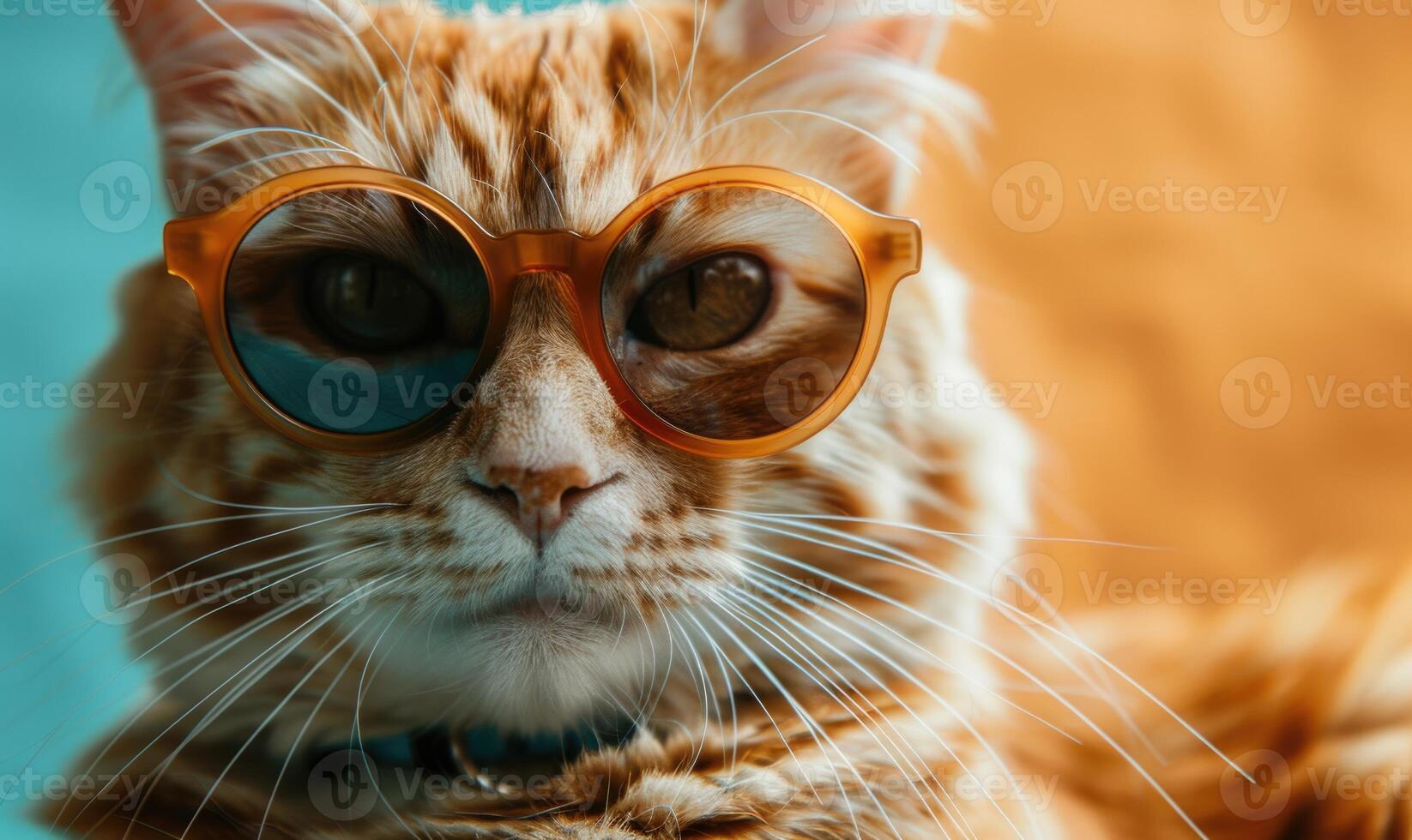 ai gerado fofa gengibre gato vestindo laranja oculos de sol em uma fundo do azul céu. foto