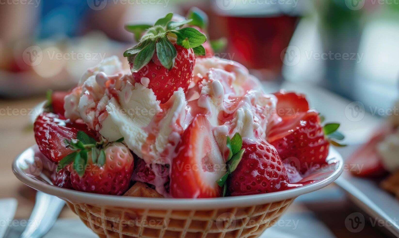 ai gerado morango gelo creme dentro uma waffle tigela fechar-se foto