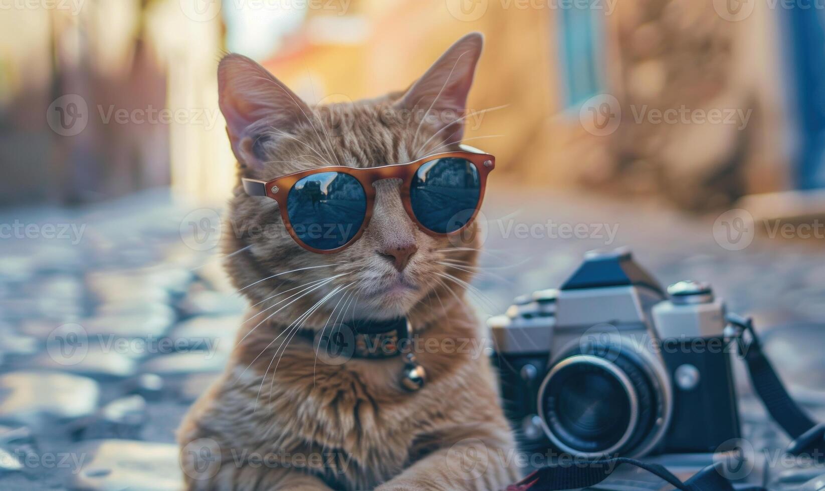 ai gerado fofa gengibre gato dentro oculos de sol com uma Câmera em a rua. foto