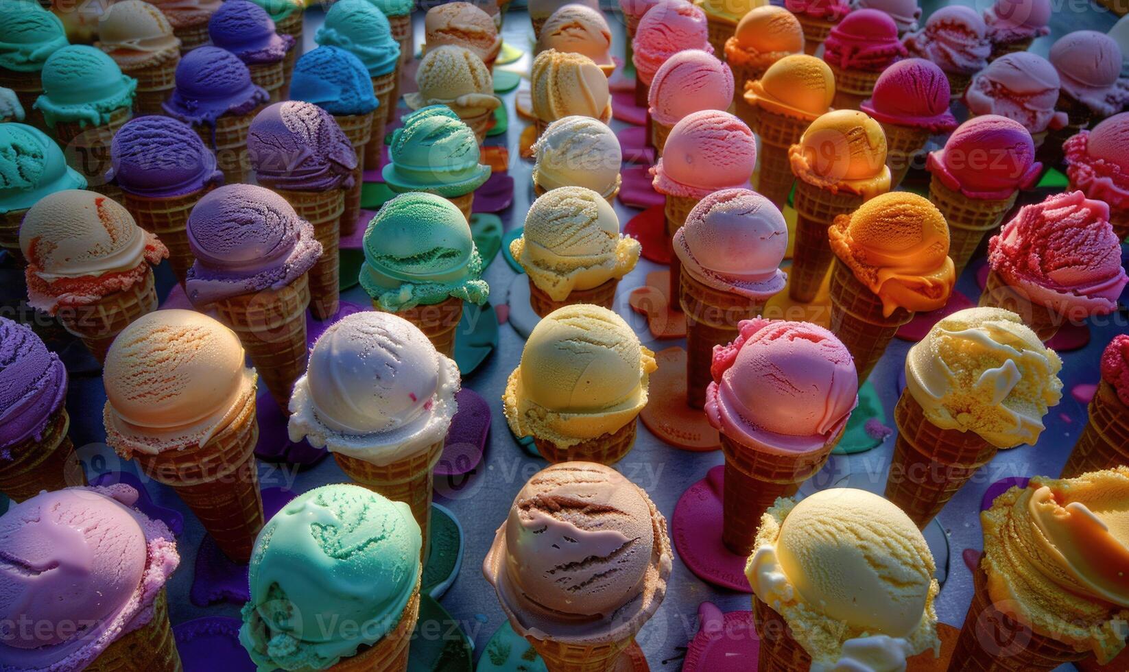ai gerado colorida sortimento do gelo creme cones em a fazer compras mostruário. colorida gelo creme fundo foto