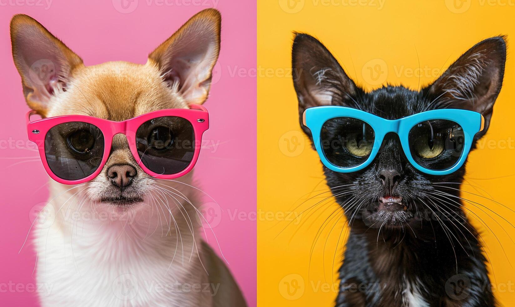 ai gerado colagem do fofa gato e cachorro vestindo oculos de sol isolado em colorida fundo foto
