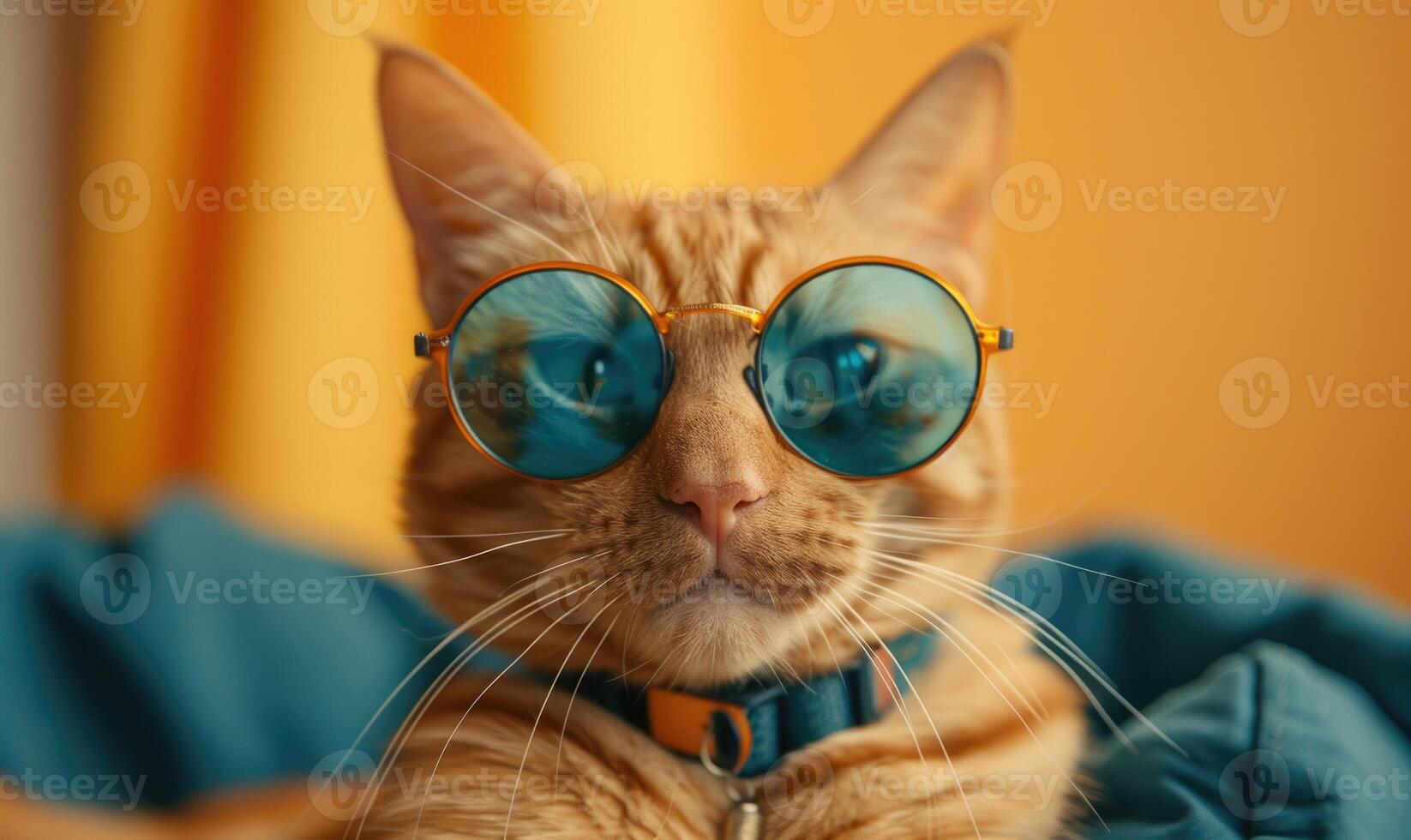 ai gerado retrato do uma vermelho gato vestindo azul oculos de sol em uma amarelo fundo foto