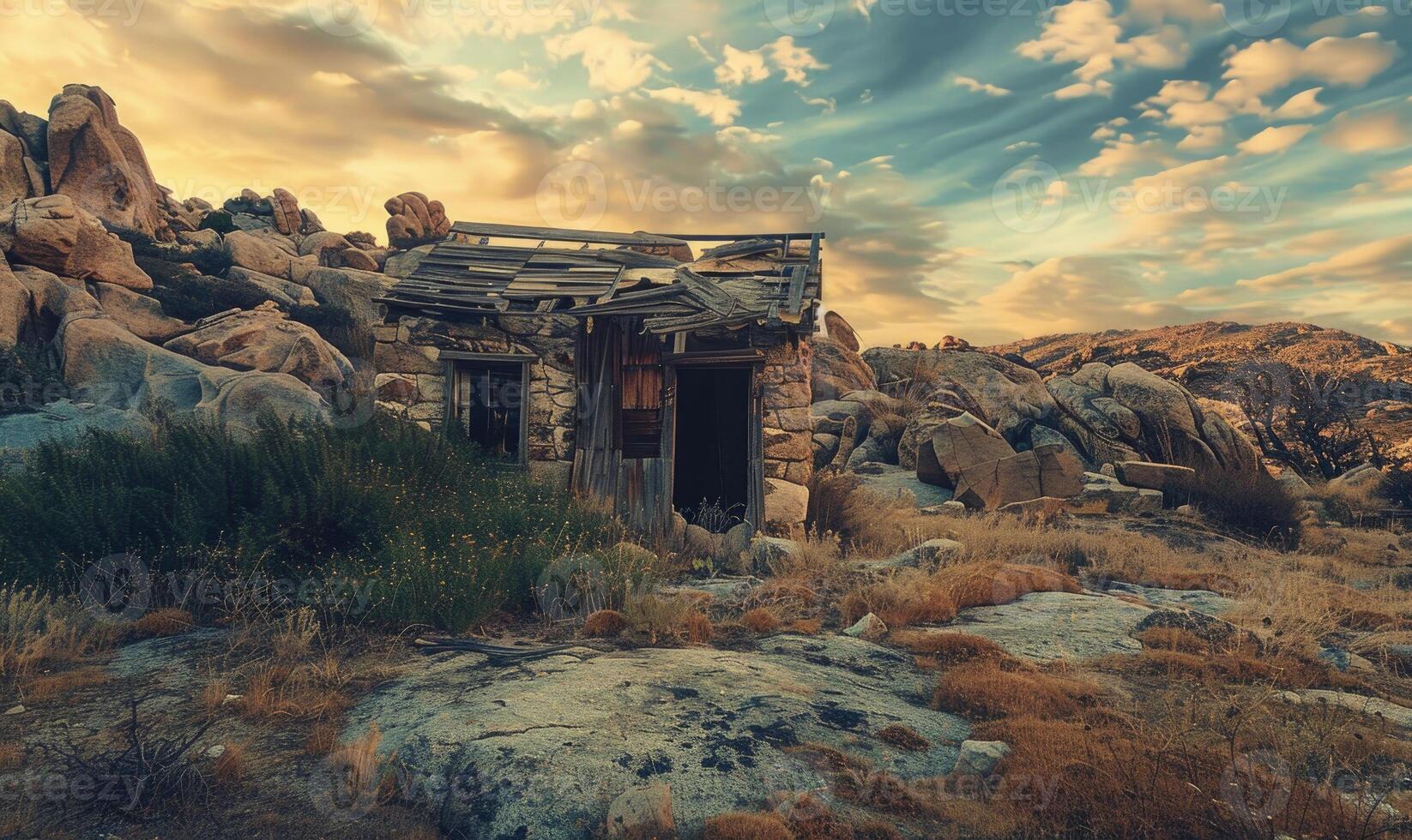 ai gerado abandonado casa dentro a deserto às pôr do sol. foto