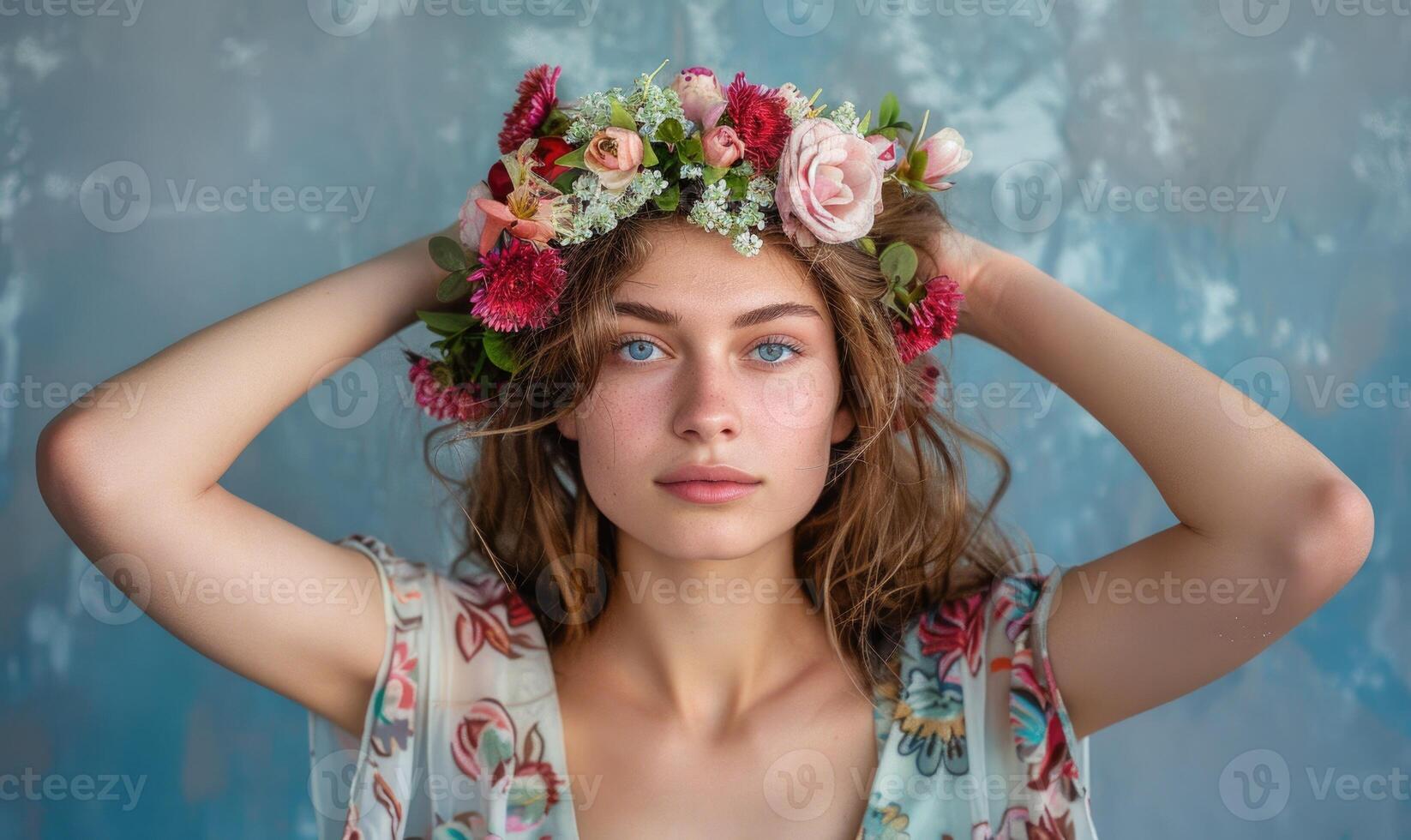 ai gerado lindo jovem mulher dentro uma guirlanda do flores em dela cabeça foto