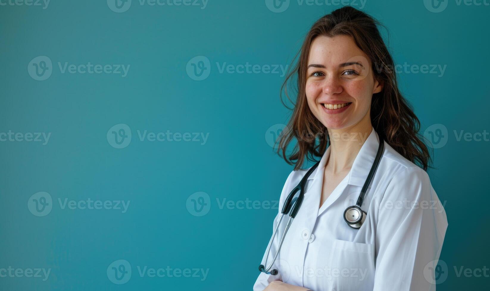 ai gerado retrato do uma sorridente fêmea médico com estetoscópio em azul fundo foto