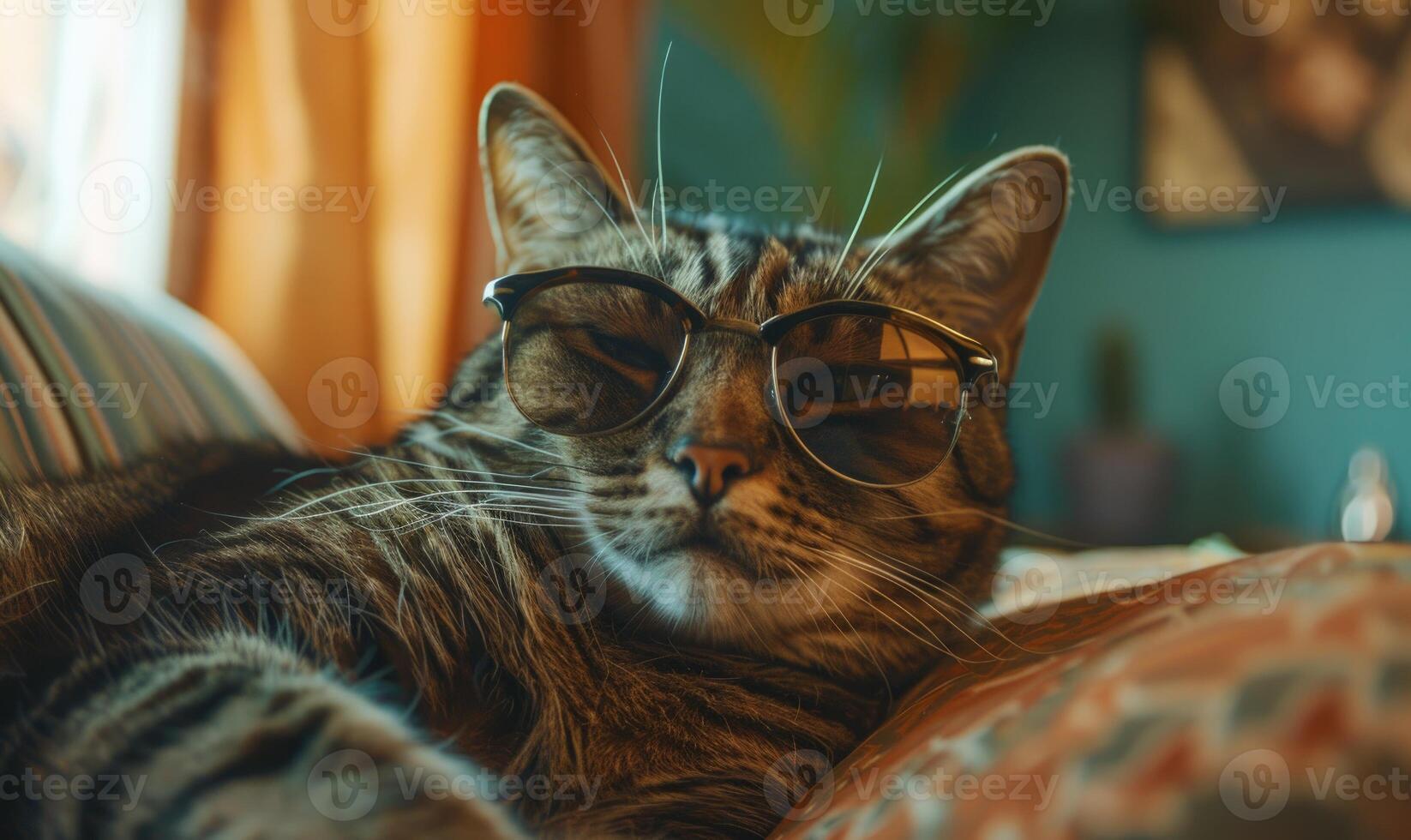 ai gerado fofa malhado gato vestindo oculos de sol deitado em sofá às lar. foto