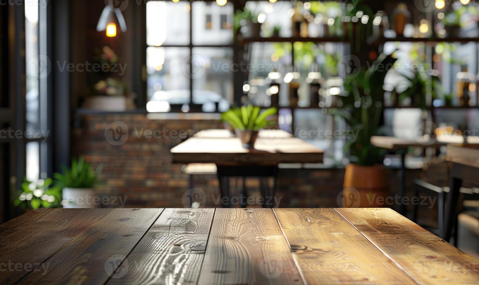 ai gerado esvaziar de madeira mesa e borrado fundo do cafeteria ou restaurante. foto