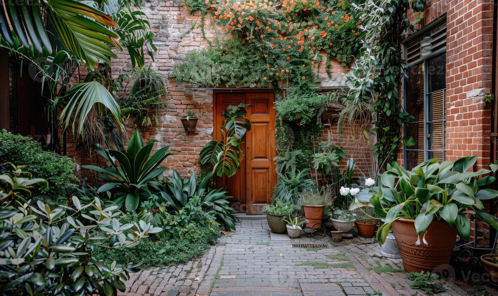 ai gerado de madeira porta dentro a pátio do uma casa com plantas e flores foto