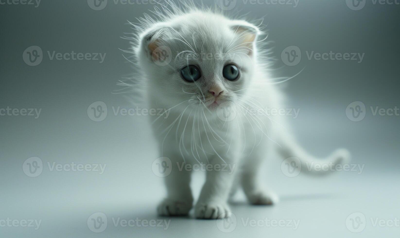 ai gerado fofa branco gatinho com azul olhos em cinzento fundo. estúdio tomada. foto