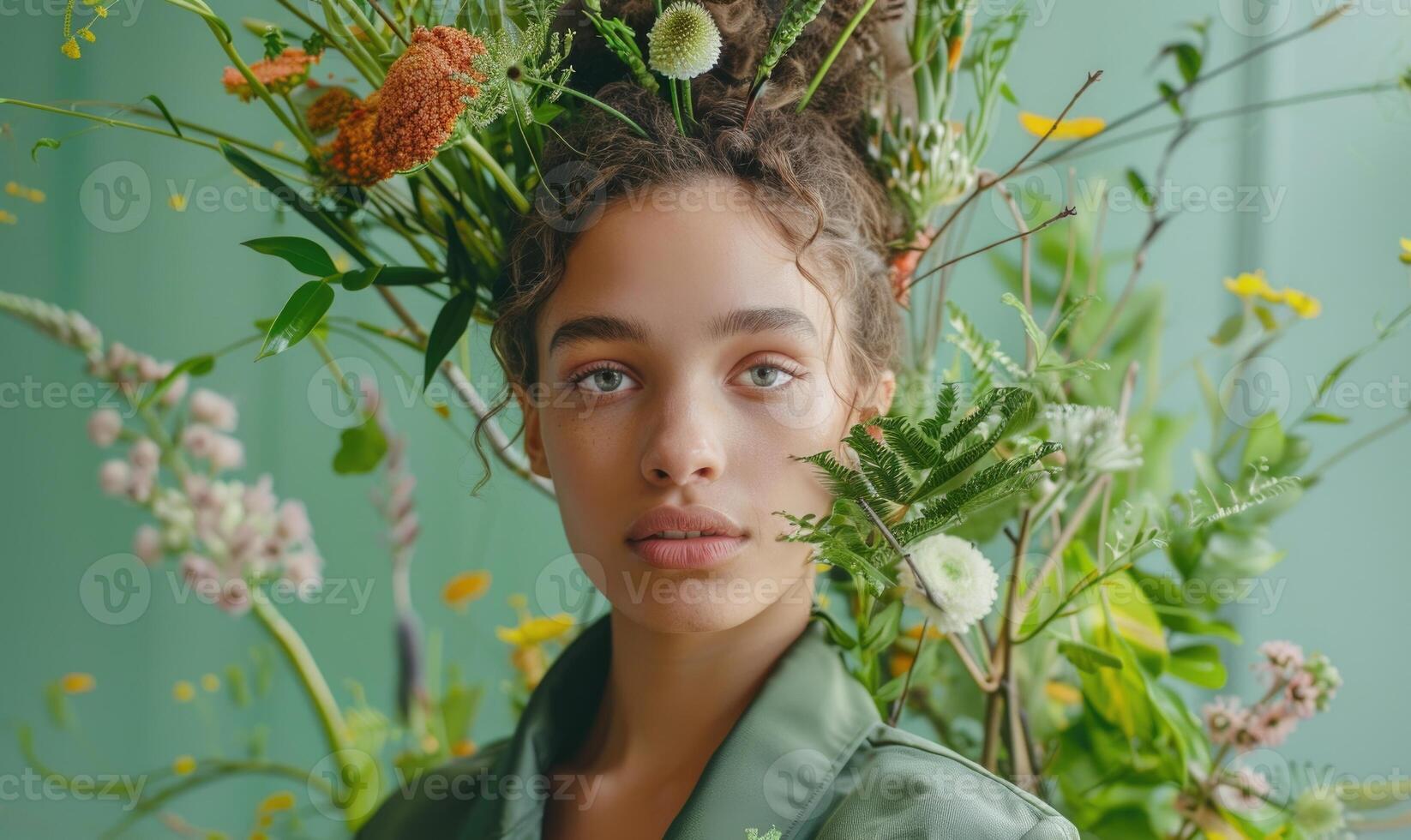 ai gerado retrato do uma lindo menina com uma guirlanda em dela cabeça foto