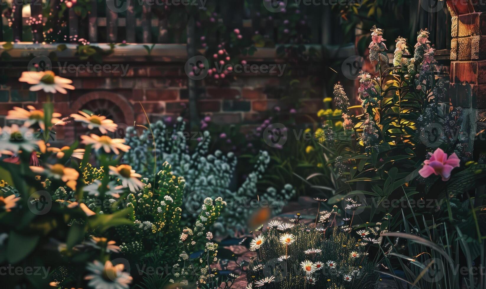 ai gerado lindo verão jardim com flores e plantas dentro frente do uma tijolo parede foto