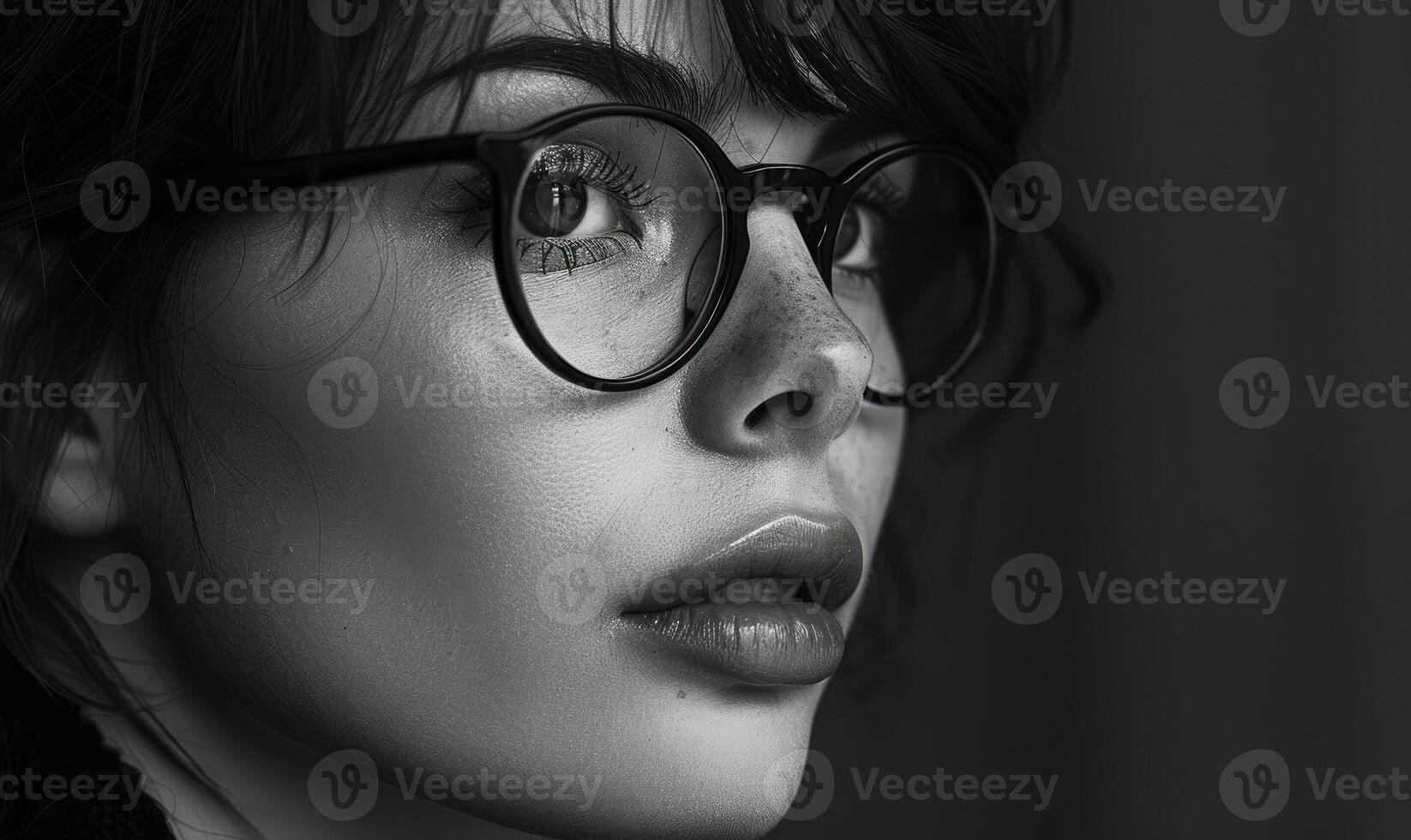 ai gerado fechar-se retrato do uma lindo jovem mulher com óculos. Preto e branco foto. foto