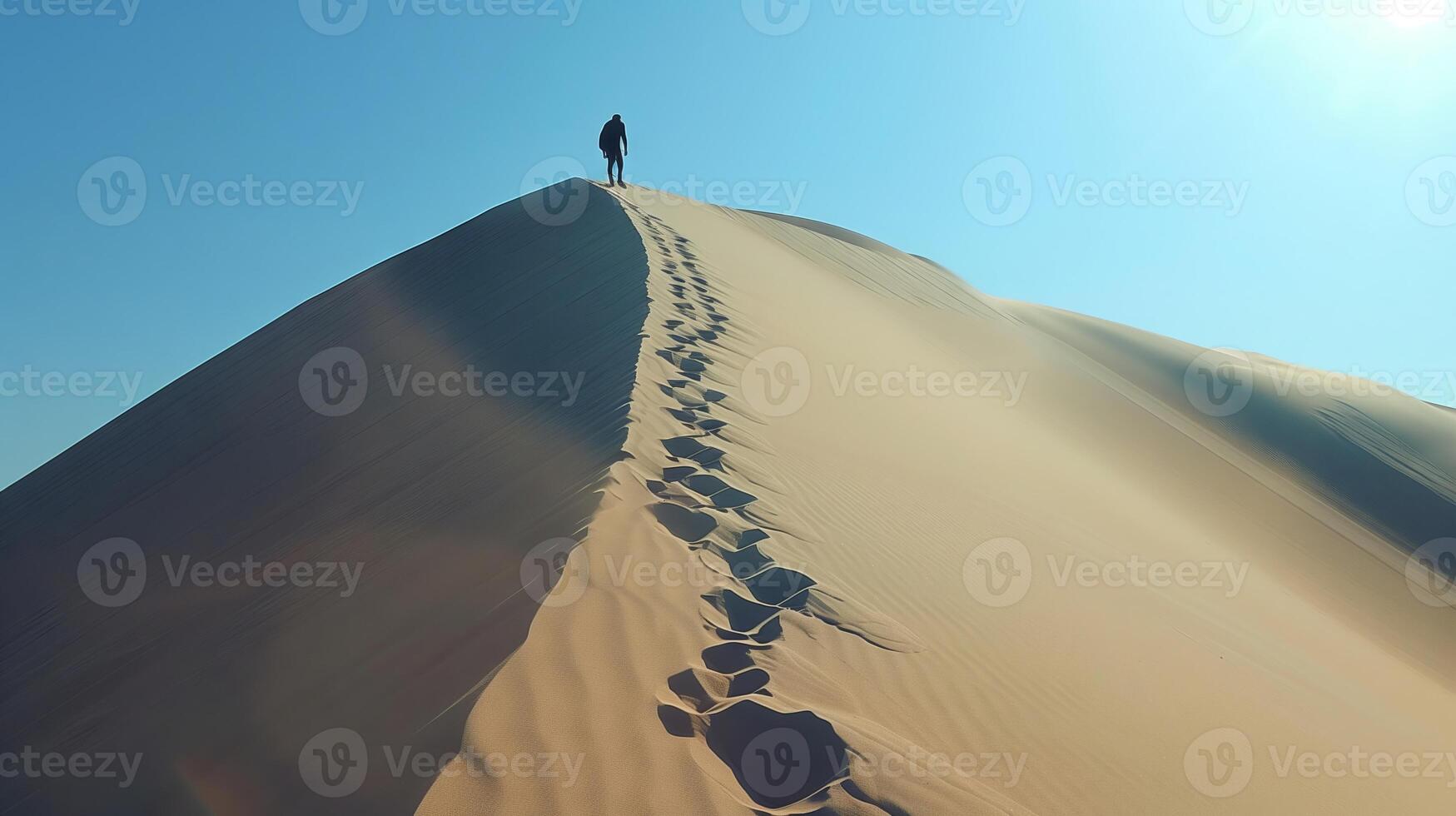 ai gerado pessoa em pé em topo do areia duna foto