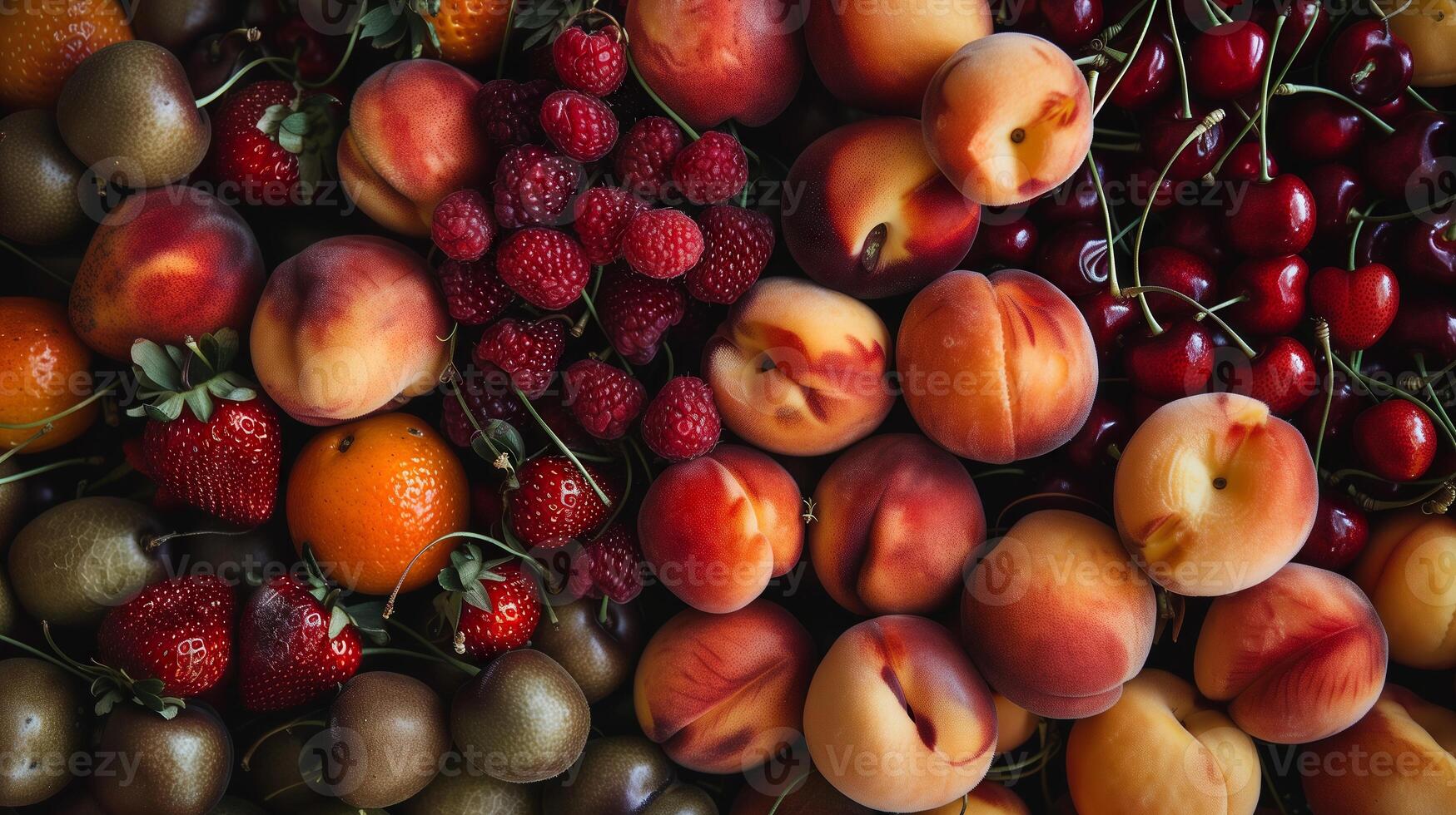 ai gerado sortido fresco frutas em exibição às uma agricultores mercado foto