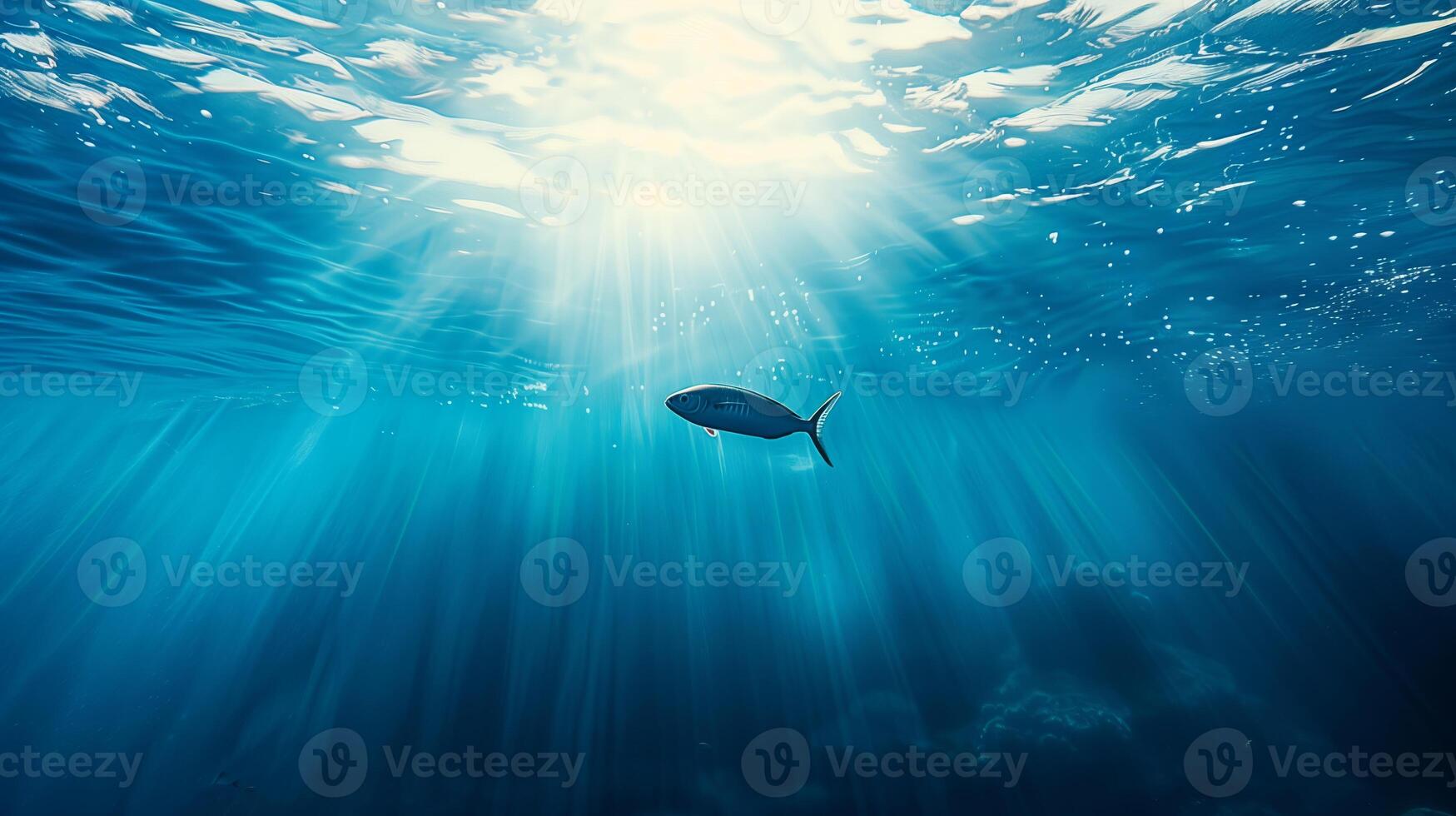 ai gerado peixe natação dentro oceano com luz solar filtrando através foto