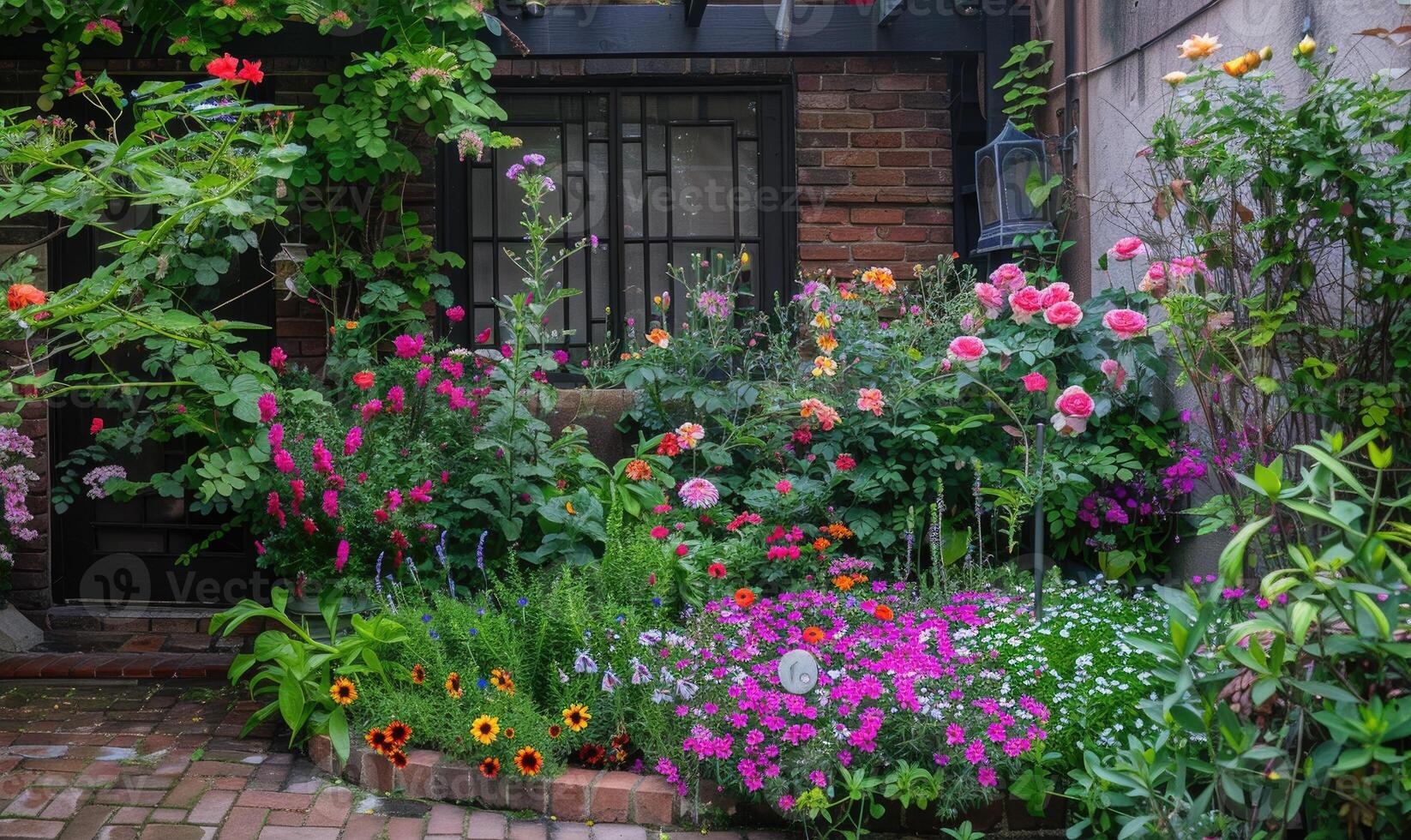 ai gerado flores dentro uma canteiro de flores dentro frente do uma tijolo muro. foto