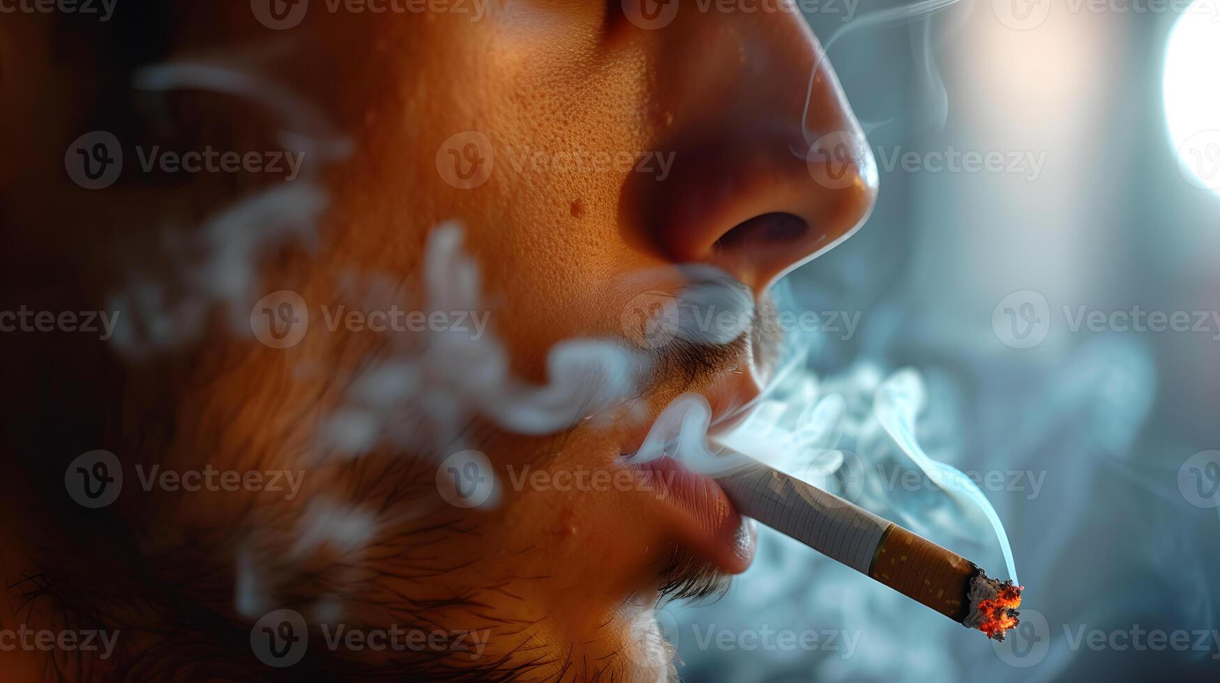 ai gerado fechar acima jovem homem fumar uma cigarro. foto