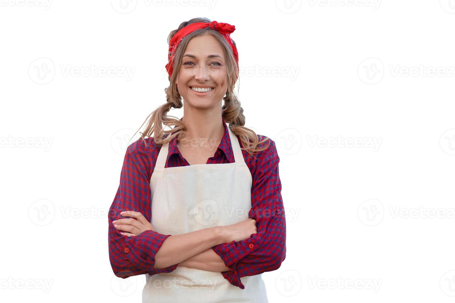 mulher vestido avental branco fundo caucasiano meio era fêmea o negócio proprietário dentro uniforme foto