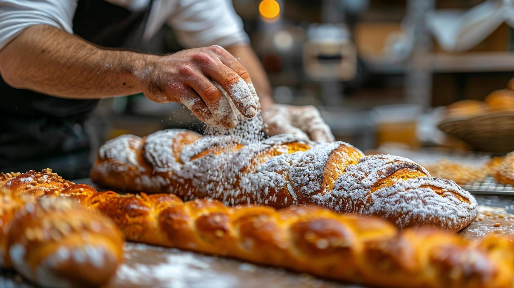 ai gerado padeiro varredura em pó açúcar em pão do pão foto