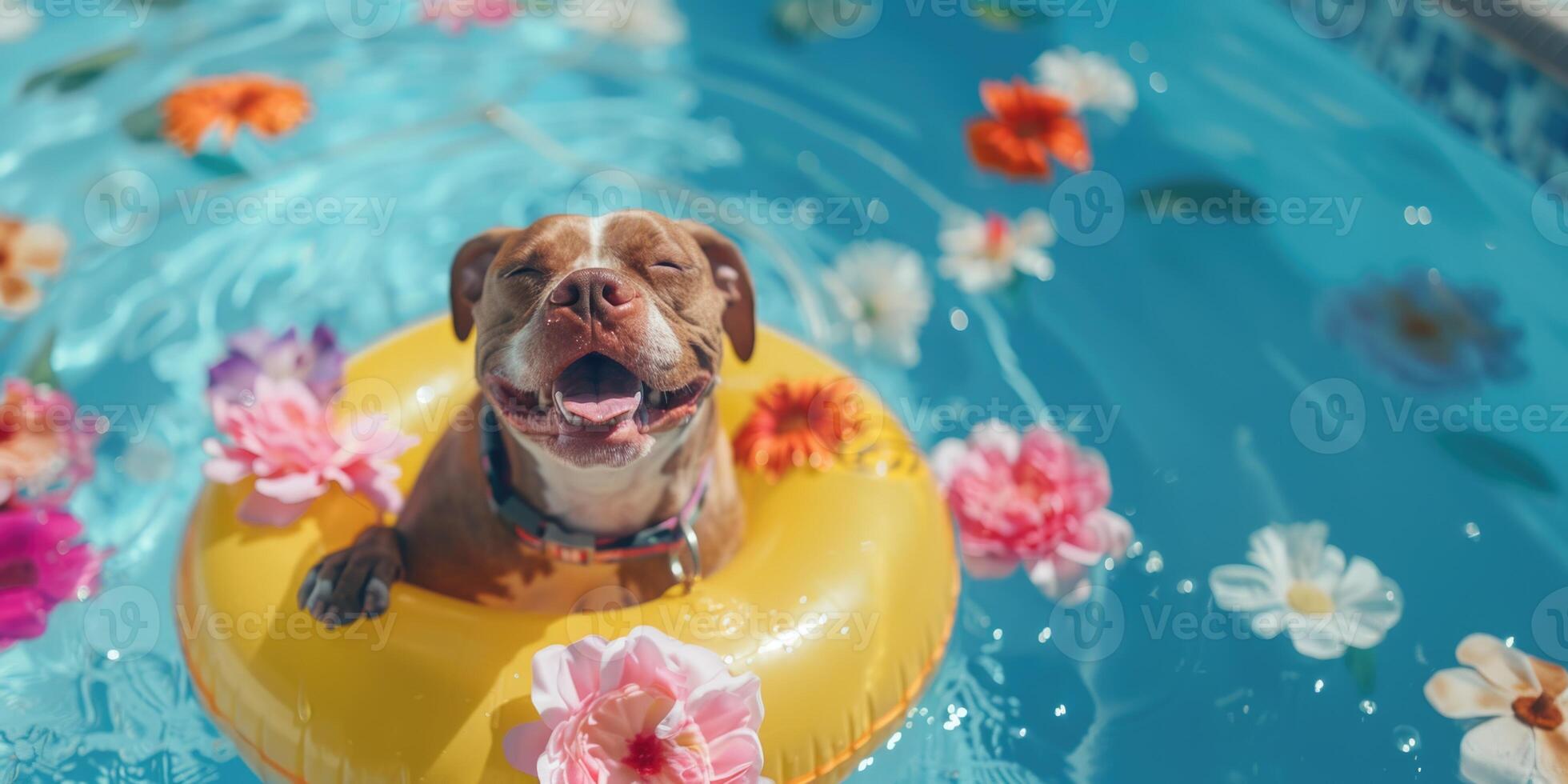 ai gerado pitbull cachorro flutuando dentro natação piscina dentro inflável anel em verão período de férias. fofa animal em uma andar. adorável cachorro dentro piscina foto