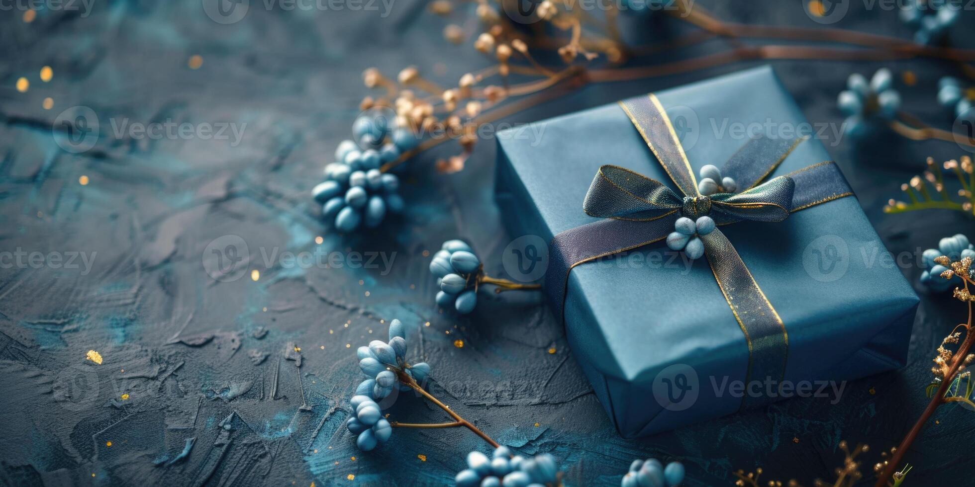 ai gerado azul presente caixa em uma azul texturizado fundo com flores romântico fundo para aniversário, Casamento ou mulheres dia foto