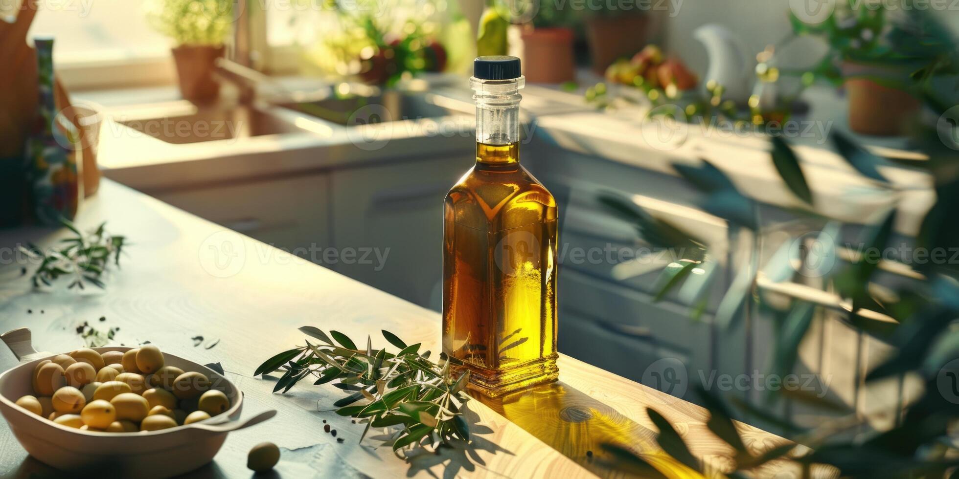 ai gerado vidro garrafa do Oliva óleo e Oliva raminhos dentro uma brilhante ensolarado cozinha. casa cozinha foto