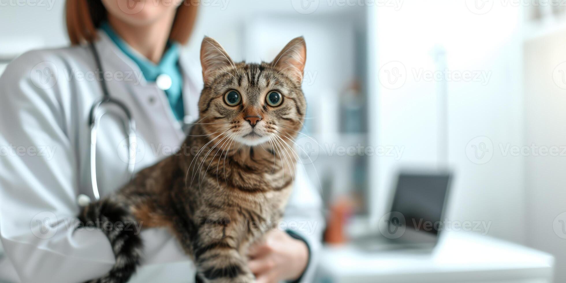 ai gerado veterinário segurando uma gato dentro dele braços. gato às a médico encontro. animal saúde. foto