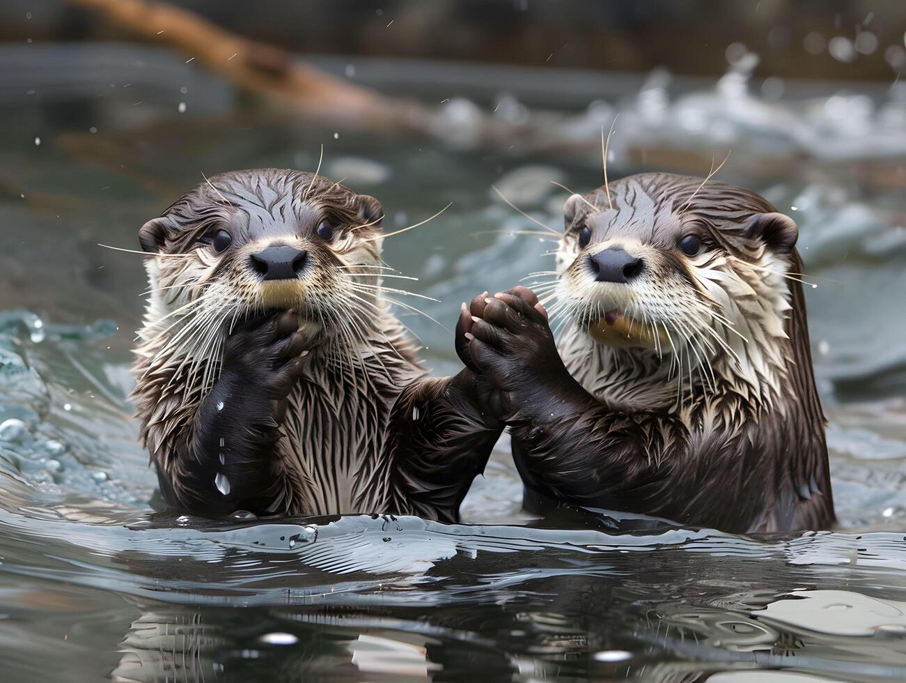 ai gerado gordo lontras segurando mãos flutuando juntos foto