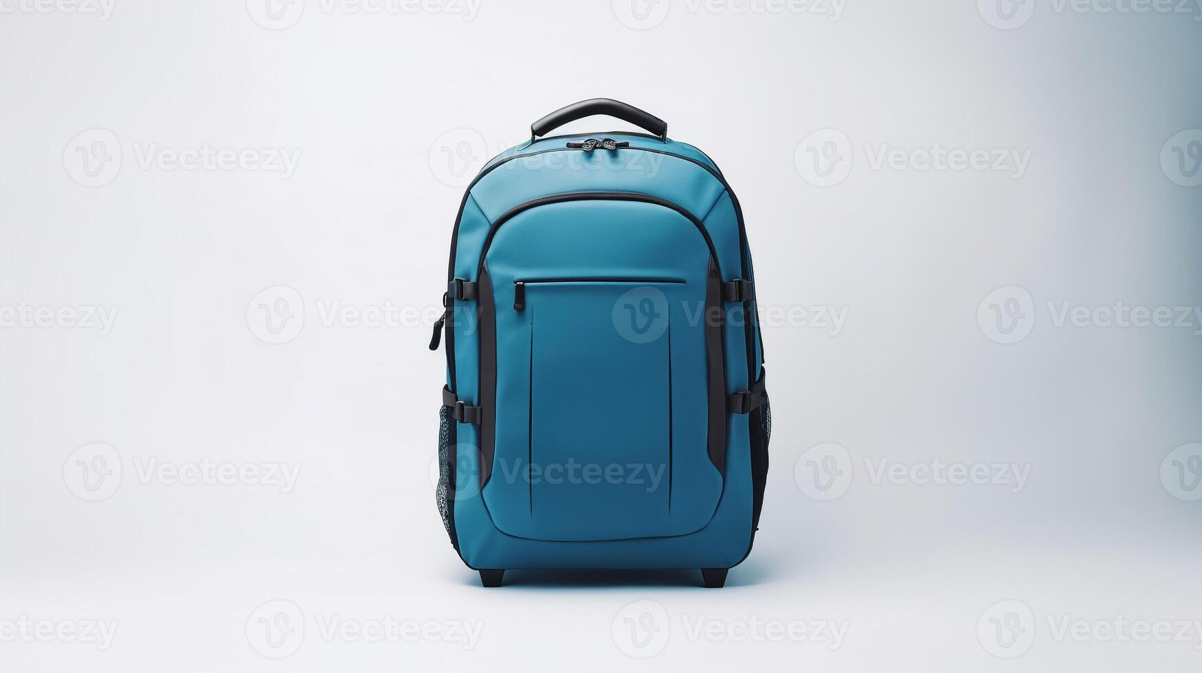 ai gerado azul rolando mochila saco isolado em branco fundo com cópia de espaço para anúncio. ai gerado foto