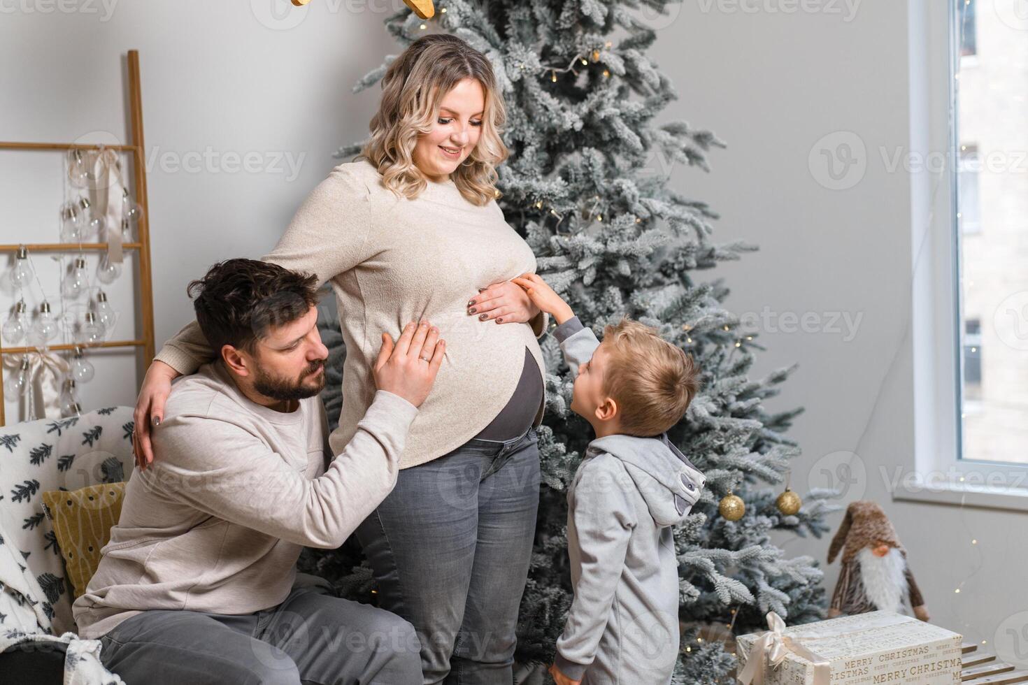 Natal família felicidade retrato do pai, grávida mãe e pequeno filho sentado poltrona às casa perto Natal árvore abraço sorrir foto