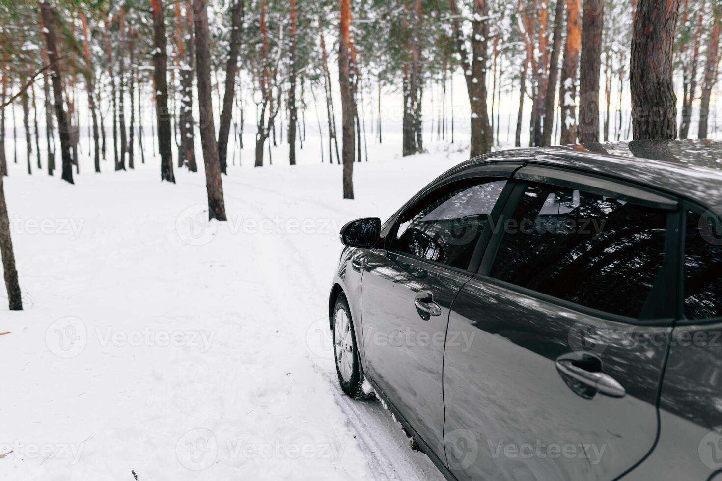 uma prateado carro dentro uma Nevado inverno floresta estrada foto