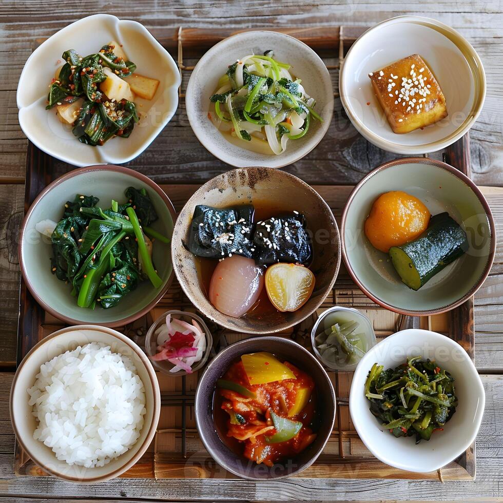 ai gerado coreano têmpora Comida vegetariano pratos foto