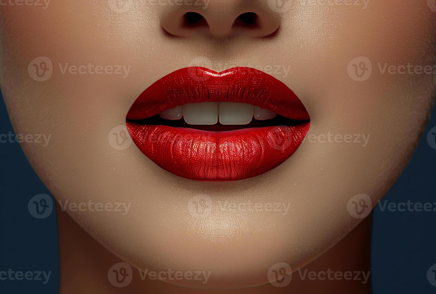 ai gerado mulher boca é pintado com vermelho batom foto