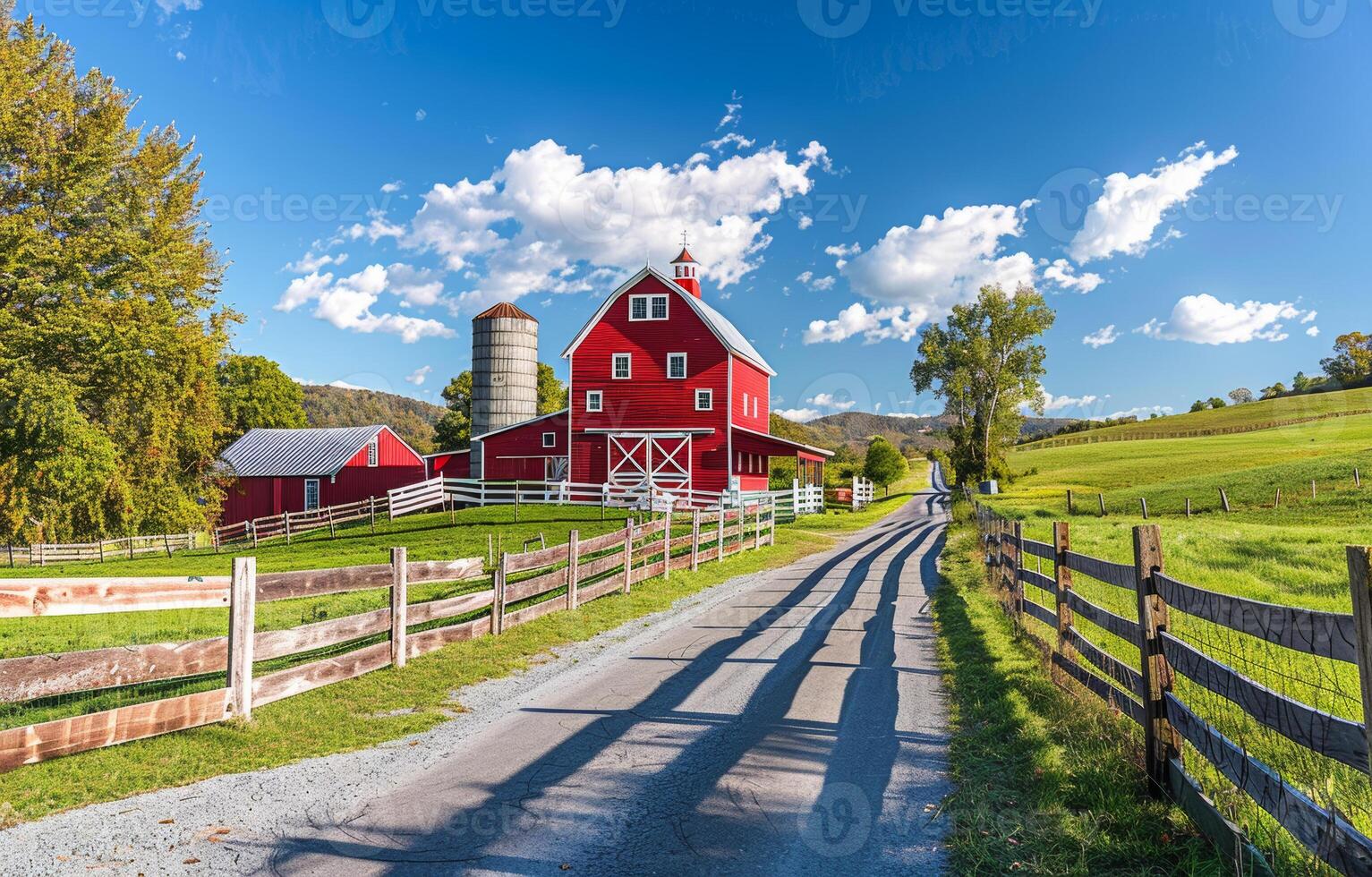 ai gerado vermelho celeiro e silos ao longo país estrada dentro rural foto